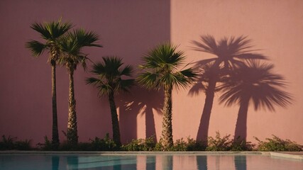 Obraz premium A tranquil scene of palm trees and shadows against a pink wall.