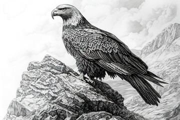 Fototapeta premium traditional engraving of majestic eagle perched on rocky ledge with detailed feathers and rugged landscape