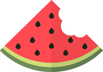 A slice of watermelon with a bite taken out of it. The watermelon slice has a red interior with black seeds, a white rind, and a green outer skin. This image visually represents a common and popular f