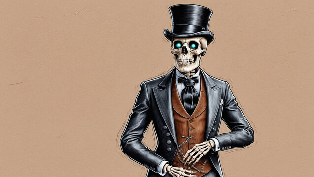 Detailed illustration of a skeleton in a top hat and suit, bringing a unique blend of elegance and macabre charm