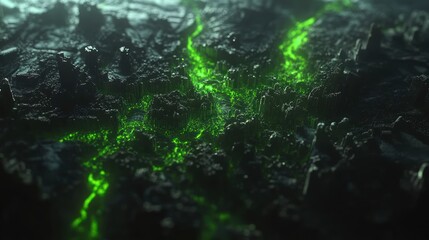 Fototapeta premium Glowing green energy flows through a dark, rough, textured landscape.