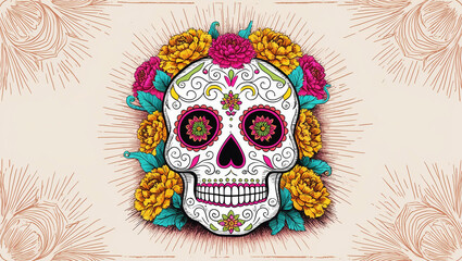 Intricately detailed sugar skull with vibrant floral accents celebrating cultural heritage and artistry