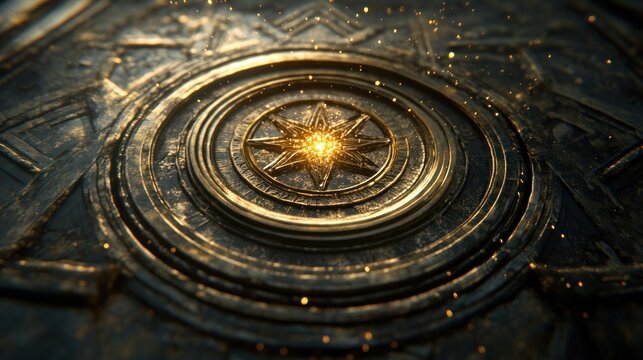 Glowing golden star emblem on dark metal circular background. - Powered by Adobe