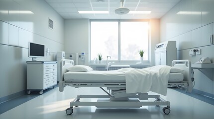 Empty hospital bed, sterile room, sunlight streams through window.  Clean, calming atmosphere. Hope for recovery.