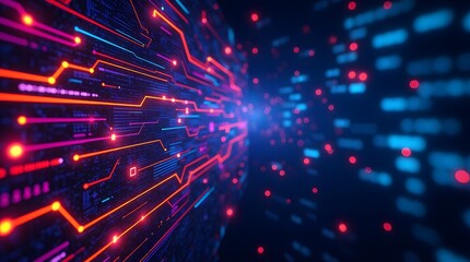 Glowing digital circuitry streams, vibrant neon hues illuminate the data flow, futuristic tech.