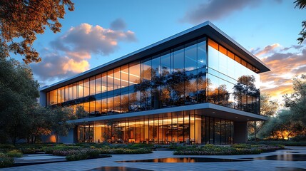Obraz premium The glass office building glimmers at dusk above reflective water surfaces picture