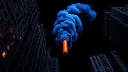 Urban Blue Haze: A vibrant blue smoke bomb explodes against the backdrop of a dark cityscape, creating a dramatic and visually striking contrast. The image evokes feelings of mystery and excitement.