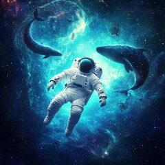 Fototapeta premium Astronaut Floating Amid Mysterious Cosmic Ocean with Whales and Dolphins, Surrounded by Stars and Galaxies in an Enchanting Space Scene of Wonder and Exploration