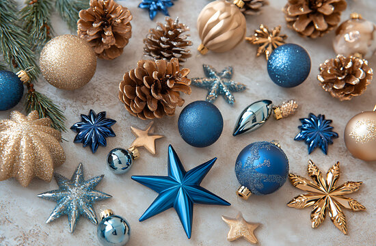 Christmas Background with Golden Stars, Pine Cones, and Decorations