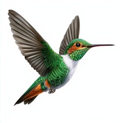 Obraz premium A photostock of a cartoon hummingbird with shimmering green feathers hovering, isolated on a clean white background, elegant and artistic, High Quality