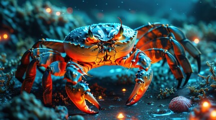 Giant Crab in the Deep Sea with Bioluminescent Light.