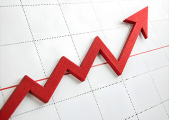 Growing bar graph with red arrow increase