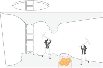 Bitcoin mining, two businesswomen holding pickaxes to dig underground bitcoins