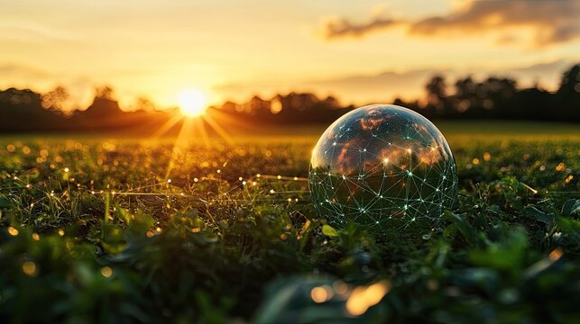 Digital Earth globe network connections green field symbolizing global reach technology agriculture where smart farming practices data-driven solutions are creating sustainable future