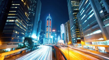 Fototapeta premium Nighttime Urban Landscape with Skyscrapers and Vibrant City Lights Showcasing Modern Architecture in a Bustling Metropolitan Environment