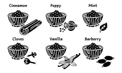 set of spices in the form of black silhouettes in crushed form on a wooden plate next to the dish. A variety of barberry, poppy seeds, vanilla, cinnamon, cloves, mint for different taste preferences.