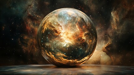 Cosmic sphere glows intensely in nebula backdrop 3D render fantasy-inspired. AI Generated
