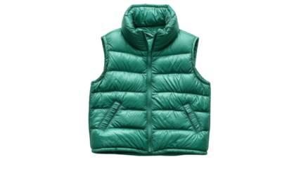 Stylish green insulated vest on a transparent background ideal for casual outdoor wear in chilly weather.