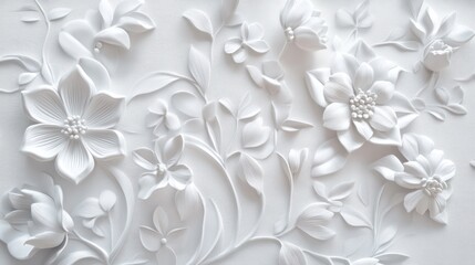 Fototapeta premium White floral 3D wall panel background texture.