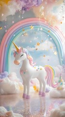 Pastel unicorn figurine in whimsical rainbow and cloud setting.