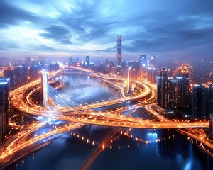 Fototapeta premium Futuristic highway loop in city skyline with futuristic highway loop lights and futuristic highway loop transportation design ,futuristic highway loop nightscape ,smart city light loop bridge
