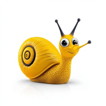 A photostock of a cartoon snail with a spiral shell and big eyes, isolated on a clean white background, quirky and creative, High Quality