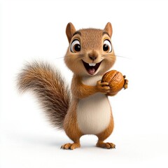 A photostock of a cartoon squirrel holding a nut with a bushy tail, isolated on a clean white background, playful and realistic, High Quality