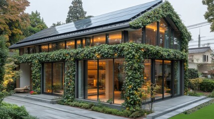 Fototapeta premium A modern house covered in greenery, showcasing sustainable architecture with large windows.