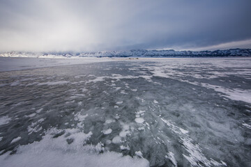 Sailimu Lake frozen in winter in Xinjiang, China