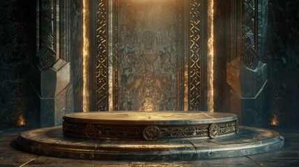 Ancient Mystical Stone Altar in a Dark Chamber.