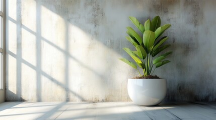 A potted plant sits by a sunlit window, against a textured wall. Ideal for interior design, home decor, and minimalist concepts.