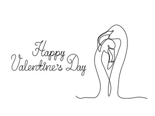 Happy Valentine's Day handwritten inscription, postcard with couple of flamingos loving birds.continuous single line art drawing sketch, logo