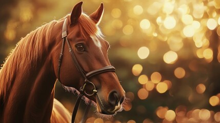 Obraz premium Chestnut horse portrait in golden sunset bokeh.