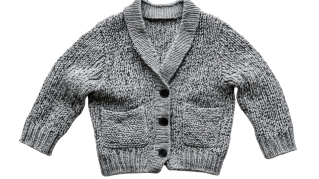 Cozy gray knitted cardigan featuring a shawl collar and pockets for cooler weather comfort at home or casual outings.