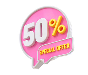 50 Percent Special Offer Pink 3D Label