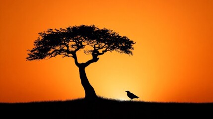 Solitary Silhouette: A lone tree stands tall against a vibrant orange sunset, its branches reaching towards the sky. A small bird perches on the ground, creating a sense of peace and tranquility.  