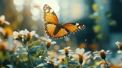 Orange butterfly in flight over white flowers.