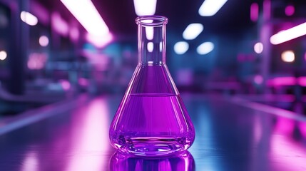 Purple liquid in Erlenmeyer flask, neon lights backdrop. Illustrates scientific research, chemistry experiments, or lab work.