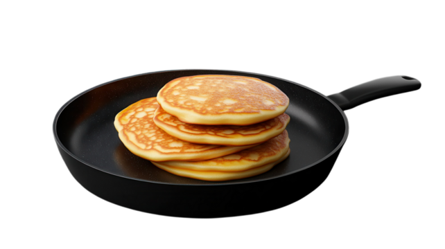 A stack of golden pancakes resting in a frying pan ready to be served at breakfast in a cozy kitchen.