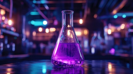 Purple liquid in an Erlenmeyer flask sits on a bar's surface. Perfect for science, nightlife, or cocktail concepts.