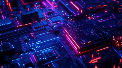 Obraz premium Neon Circuitry: A 3D Render of Futuristic Technology. AI Generated