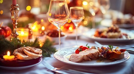 Festive Christmas dinner table setting with roasted meat, side dishes, wine glasses, candles, and evergreen branches.