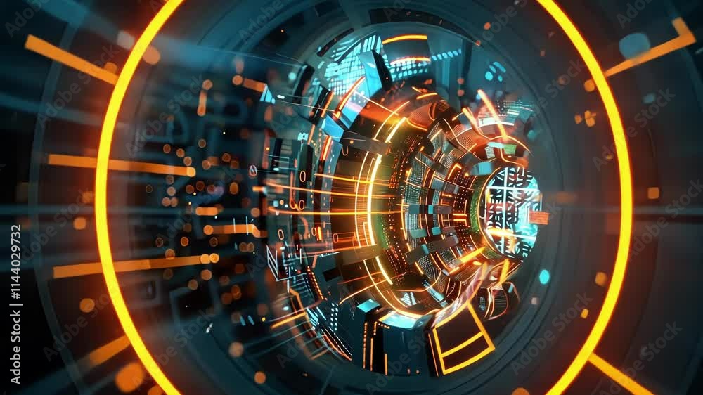 Poster complex data streams are flowing through a futuristic cyberspace tunnel, creating a stunning visuali
