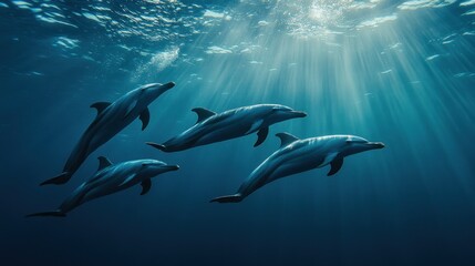 Fototapeta premium Four dolphins swimming gracefully in deep blue ocean water, sunlight beams shining from above.