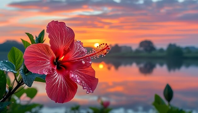 Vibrant hibiscus flower at sunrise over a serene lake.