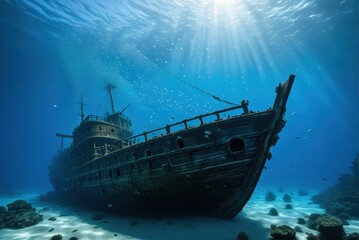 A majestic shipwreck rests on the ocean floor, bathed in a beam of sunlight, with fish swimming around.
