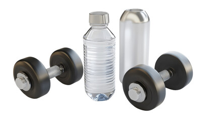 Dumbbells and water bottles placed on a transparent background for fitness and health-related concepts.
