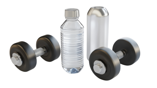 Dumbbells and water bottles placed on a transparent background for fitness and health-related concepts.