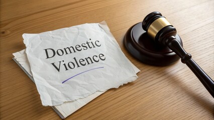 A gavel beside a crumpled paper labeled "Domestic Violence," symbolizing legal issues.