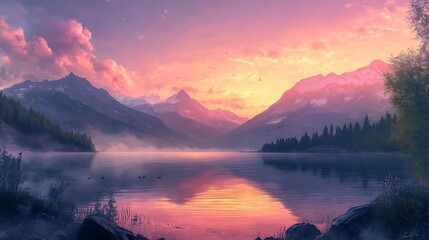 A serene scene of a mountain lake reflecting the soft pastels of the sunset sky, surrounded by rocky peaks and a lush forest, creating a tranquil and breathtaking landscape 